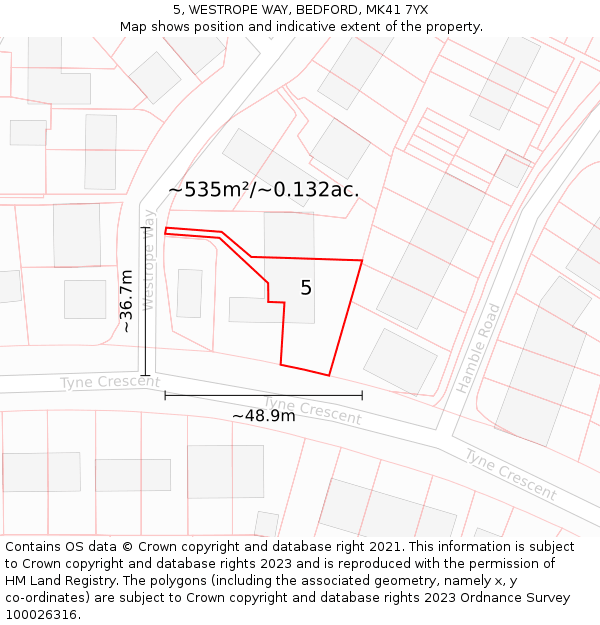 5, WESTROPE WAY, BEDFORD, MK41 7YX: Plot and title map