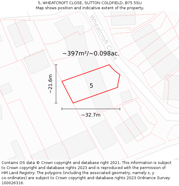 5, WHEATCROFT CLOSE, SUTTON COLDFIELD, B75 5SU: Plot and title map