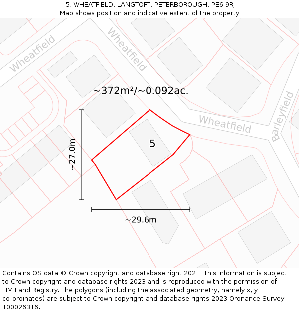 5, WHEATFIELD, LANGTOFT, PETERBOROUGH, PE6 9RJ: Plot and title map