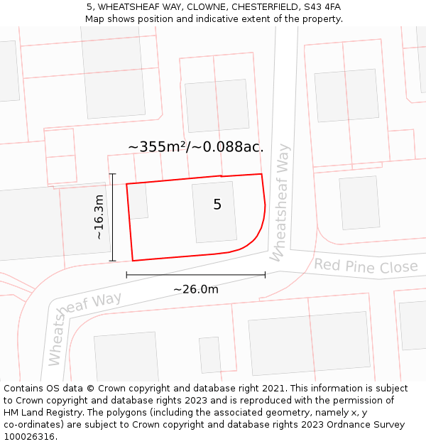 5, WHEATSHEAF WAY, CLOWNE, CHESTERFIELD, S43 4FA: Plot and title map