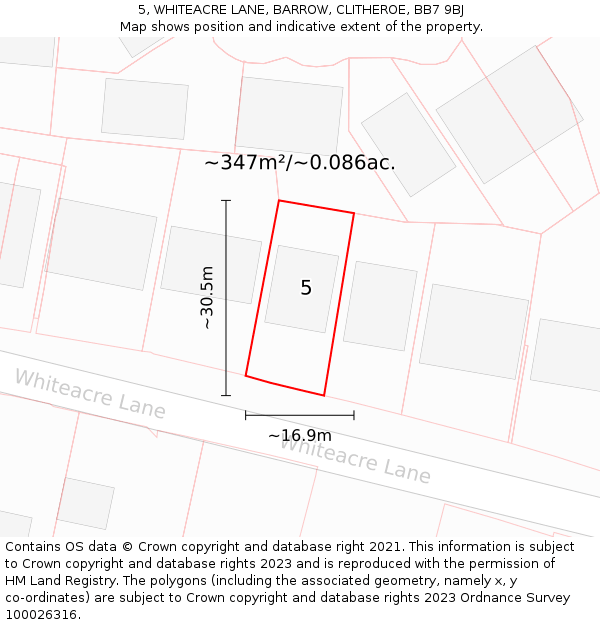 5, WHITEACRE LANE, BARROW, CLITHEROE, BB7 9BJ: Plot and title map