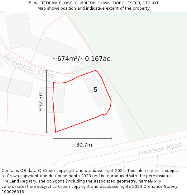 5, WHITEBEAM CLOSE, CHARLTON DOWN, DORCHESTER, DT2 9XT: Plot and title map