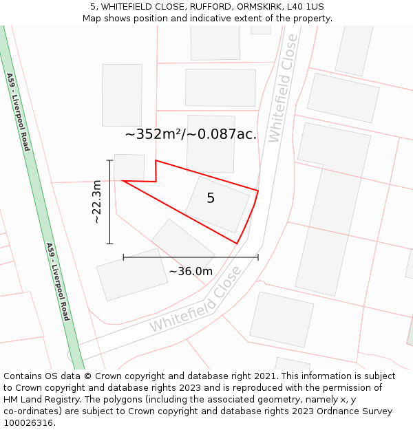 5, WHITEFIELD CLOSE, RUFFORD, ORMSKIRK, L40 1US: Plot and title map