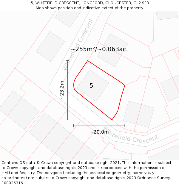 5, WHITEFIELD CRESCENT, LONGFORD, GLOUCESTER, GL2 9FR: Plot and title map