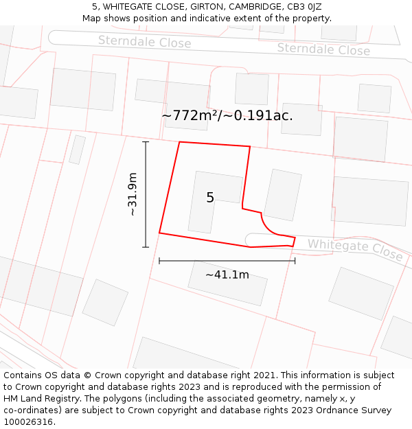 5, WHITEGATE CLOSE, GIRTON, CAMBRIDGE, CB3 0JZ: Plot and title map