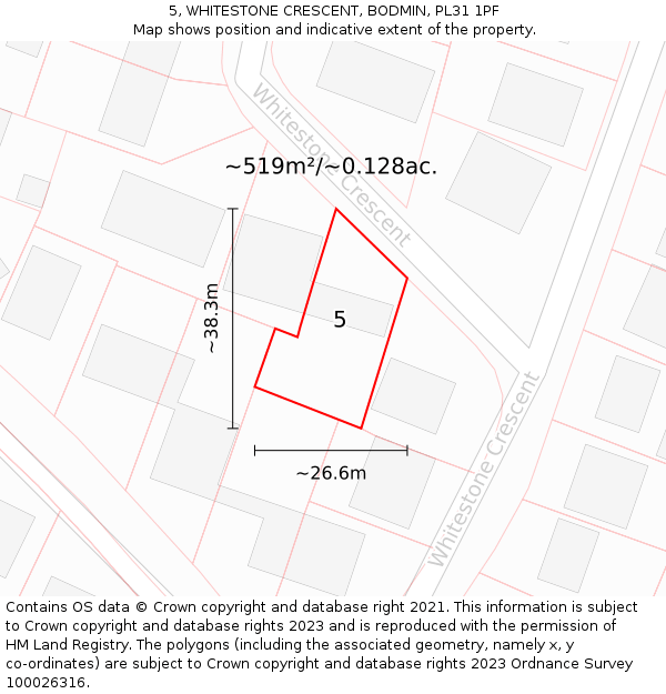 5, WHITESTONE CRESCENT, BODMIN, PL31 1PF: Plot and title map