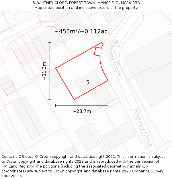 5, WHITNEY CLOSE, FOREST TOWN, MANSFIELD, NG19 0BD: Plot and title map