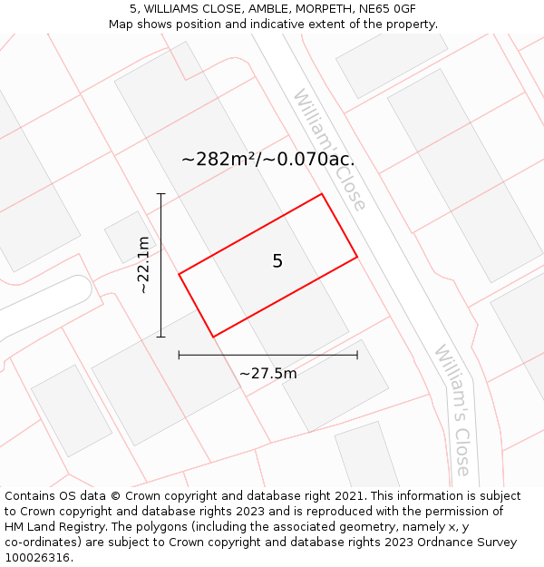 5, WILLIAMS CLOSE, AMBLE, MORPETH, NE65 0GF: Plot and title map
