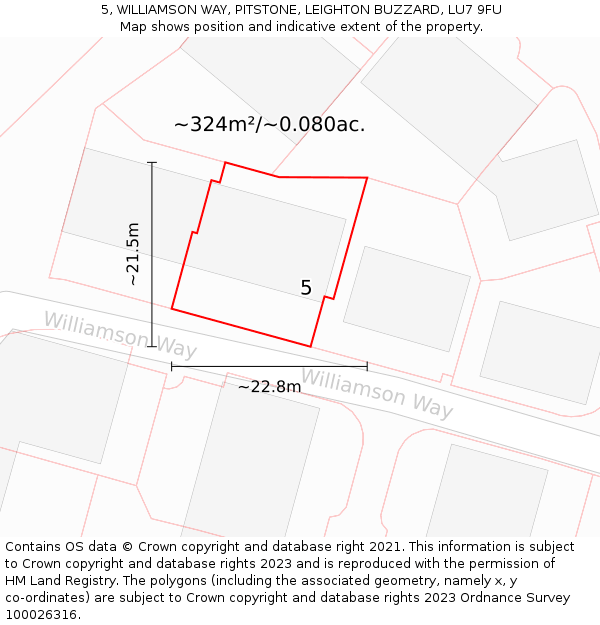 5, WILLIAMSON WAY, PITSTONE, LEIGHTON BUZZARD, LU7 9FU: Plot and title map