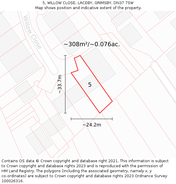 5, WILLOW CLOSE, LACEBY, GRIMSBY, DN37 7SW: Plot and title map