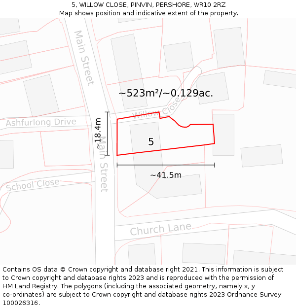 5, WILLOW CLOSE, PINVIN, PERSHORE, WR10 2RZ: Plot and title map