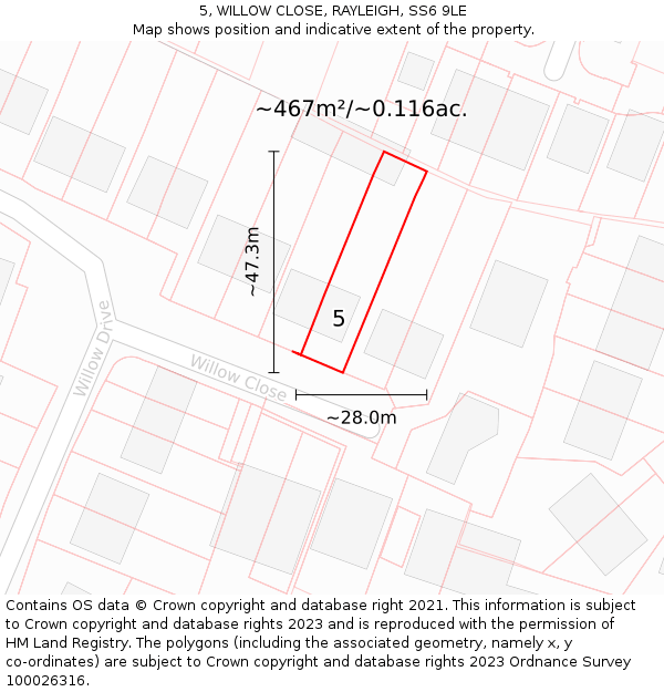 5, WILLOW CLOSE, RAYLEIGH, SS6 9LE: Plot and title map