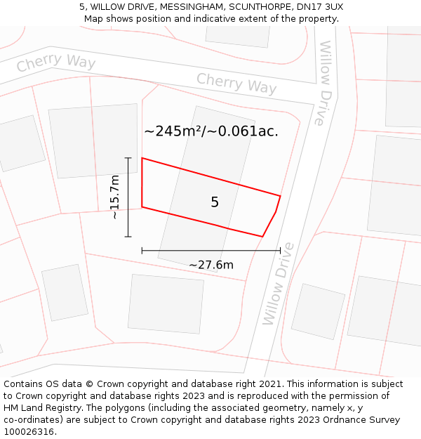 5, WILLOW DRIVE, MESSINGHAM, SCUNTHORPE, DN17 3UX: Plot and title map