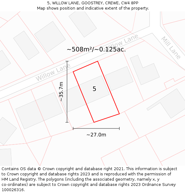 5, WILLOW LANE, GOOSTREY, CREWE, CW4 8PP: Plot and title map