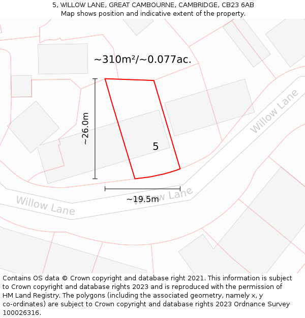 5, WILLOW LANE, GREAT CAMBOURNE, CAMBRIDGE, CB23 6AB: Plot and title map