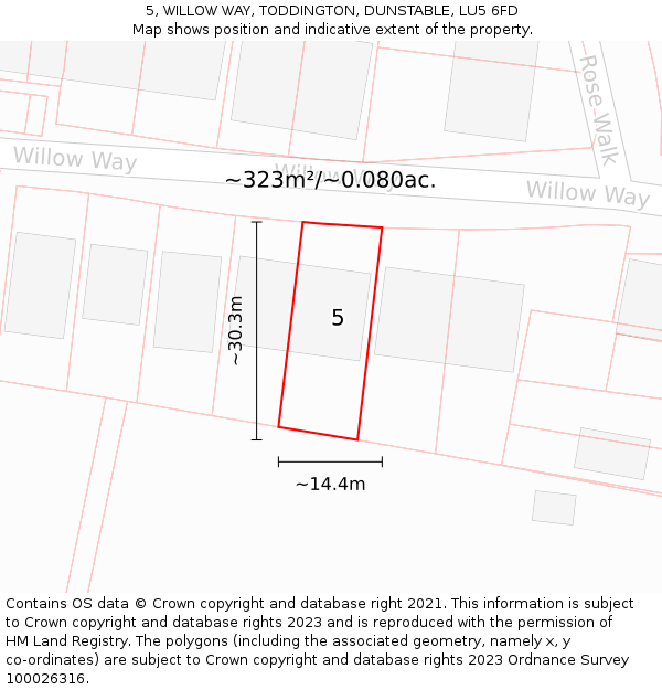 5, WILLOW WAY, TODDINGTON, DUNSTABLE, LU5 6FD: Plot and title map