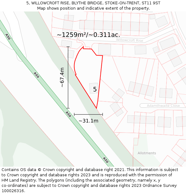 5, WILLOWCROFT RISE, BLYTHE BRIDGE, STOKE-ON-TRENT, ST11 9ST: Plot and title map