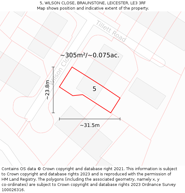 5, WILSON CLOSE, BRAUNSTONE, LEICESTER, LE3 3RF: Plot and title map