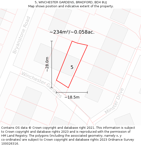 5, WINCHESTER GARDENS, BRADFORD, BD4 8UJ: Plot and title map