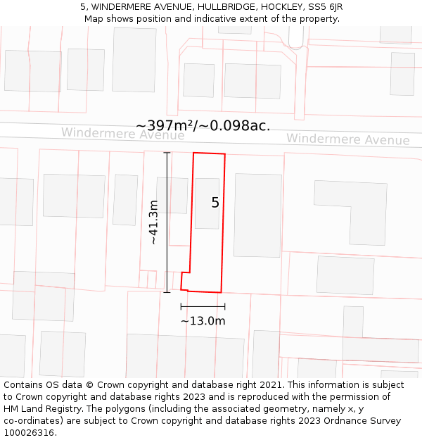5, WINDERMERE AVENUE, HULLBRIDGE, HOCKLEY, SS5 6JR: Plot and title map