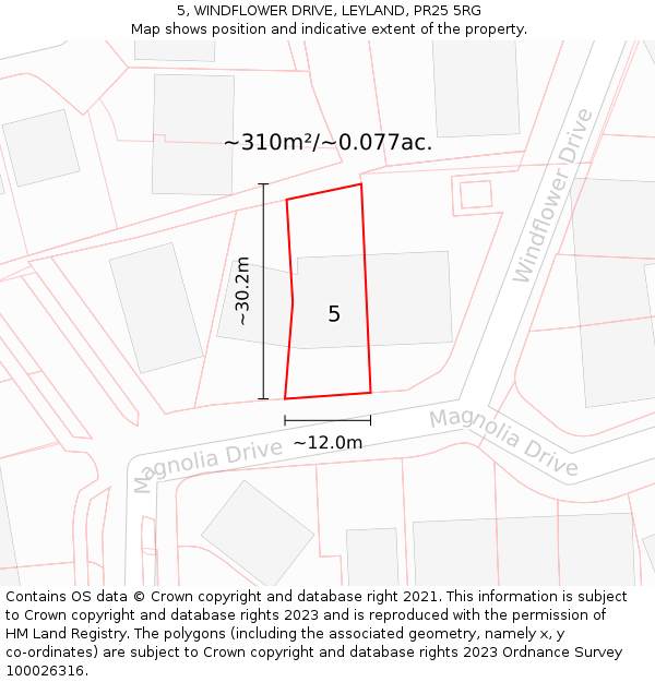 5, WINDFLOWER DRIVE, LEYLAND, PR25 5RG: Plot and title map