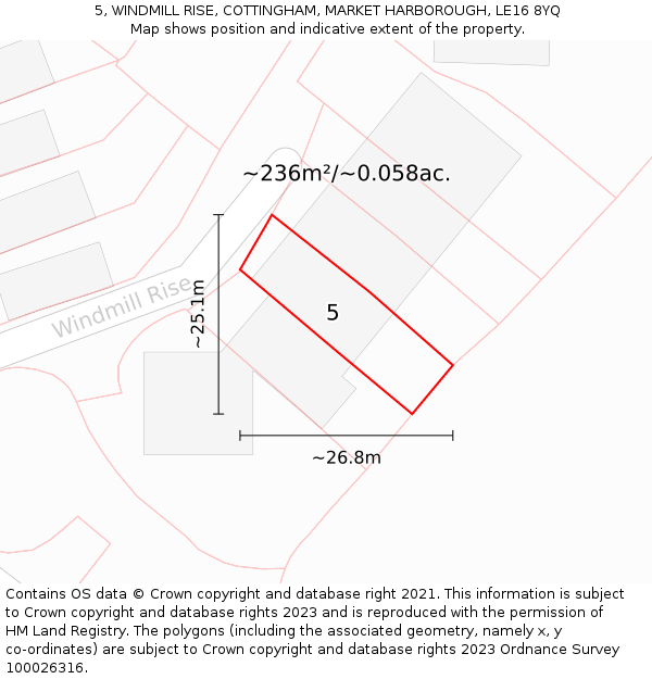 5, WINDMILL RISE, COTTINGHAM, MARKET HARBOROUGH, LE16 8YQ: Plot and title map