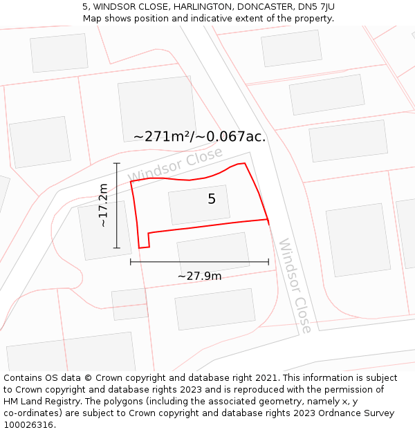 5, WINDSOR CLOSE, HARLINGTON, DONCASTER, DN5 7JU: Plot and title map