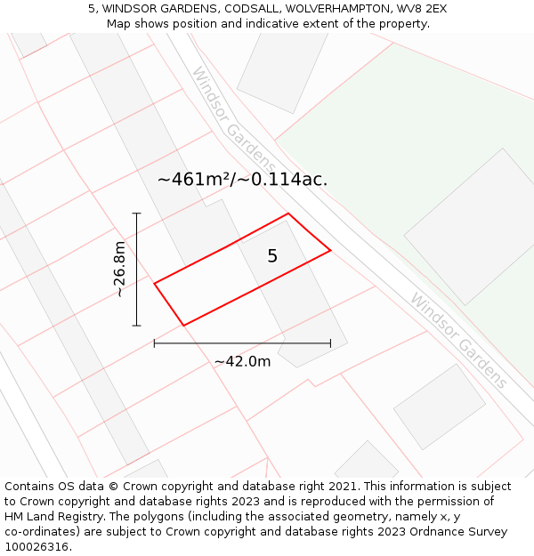 5, WINDSOR GARDENS, CODSALL, WOLVERHAMPTON, WV8 2EX: Plot and title map