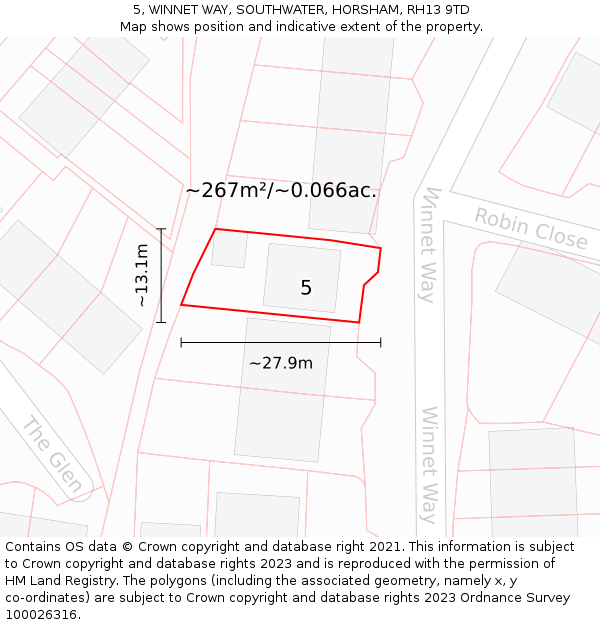 5, WINNET WAY, SOUTHWATER, HORSHAM, RH13 9TD: Plot and title map