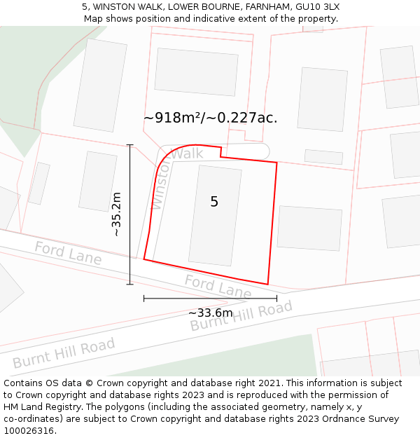5, WINSTON WALK, LOWER BOURNE, FARNHAM, GU10 3LX: Plot and title map