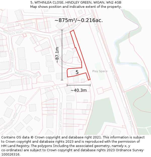 5, WITHINLEA CLOSE, HINDLEY GREEN, WIGAN, WN2 4GB: Plot and title map
