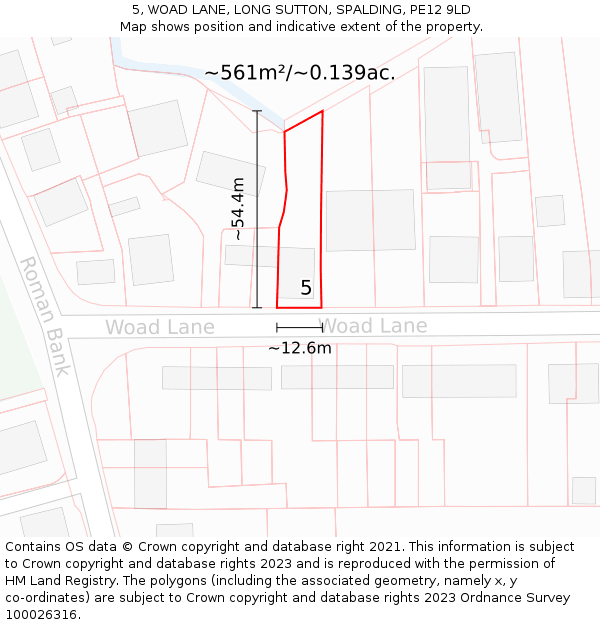 5, WOAD LANE, LONG SUTTON, SPALDING, PE12 9LD: Plot and title map