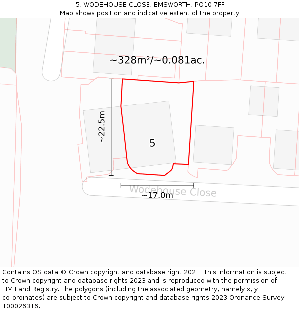 5, WODEHOUSE CLOSE, EMSWORTH, PO10 7FF: Plot and title map