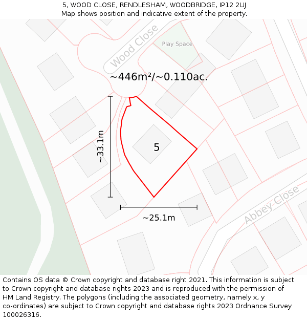 5, WOOD CLOSE, RENDLESHAM, WOODBRIDGE, IP12 2UJ: Plot and title map