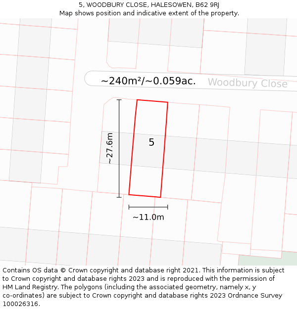 5, WOODBURY CLOSE, HALESOWEN, B62 9RJ: Plot and title map