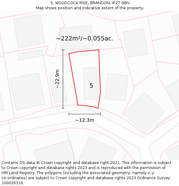 5, WOODCOCK RISE, BRANDON, IP27 0BN: Plot and title map
