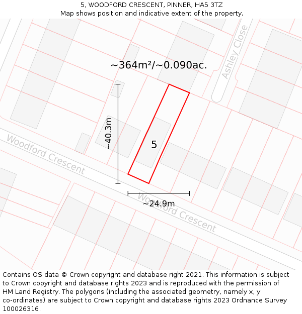 5, WOODFORD CRESCENT, PINNER, HA5 3TZ: Plot and title map