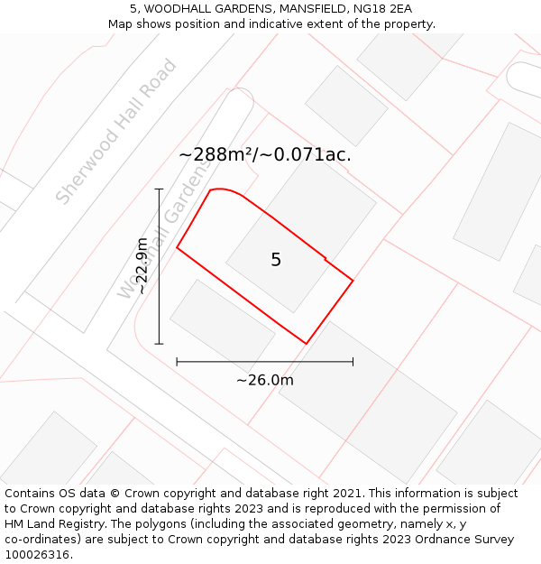 5, WOODHALL GARDENS, MANSFIELD, NG18 2EA: Plot and title map