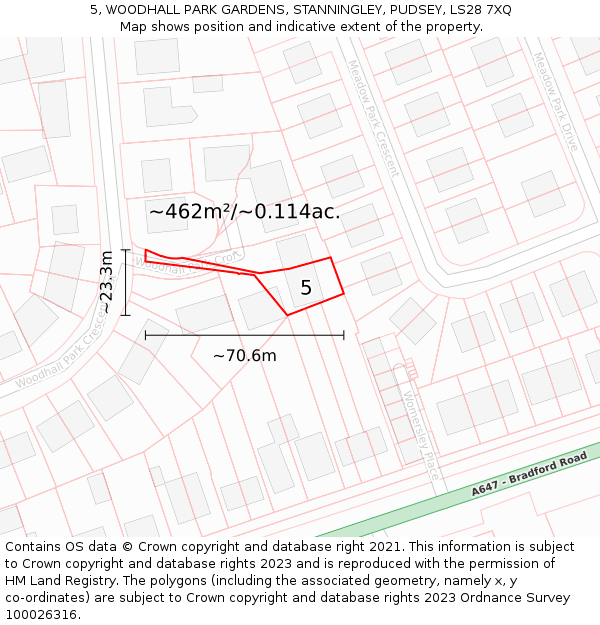 5, WOODHALL PARK GARDENS, STANNINGLEY, PUDSEY, LS28 7XQ: Plot and title map