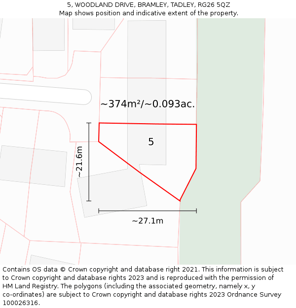 5, WOODLAND DRIVE, BRAMLEY, TADLEY, RG26 5QZ: Plot and title map
