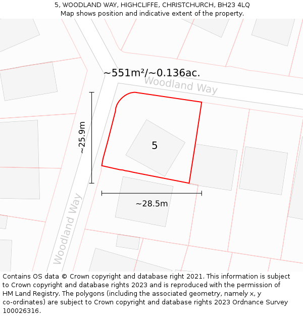 5, WOODLAND WAY, HIGHCLIFFE, CHRISTCHURCH, BH23 4LQ: Plot and title map