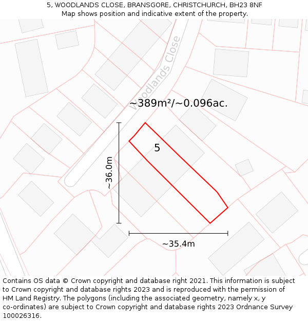 5, WOODLANDS CLOSE, BRANSGORE, CHRISTCHURCH, BH23 8NF: Plot and title map