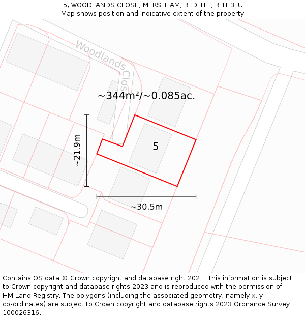 5, WOODLANDS CLOSE, MERSTHAM, REDHILL, RH1 3FU: Plot and title map