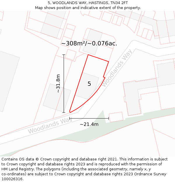 5, WOODLANDS WAY, HASTINGS, TN34 2FT: Plot and title map