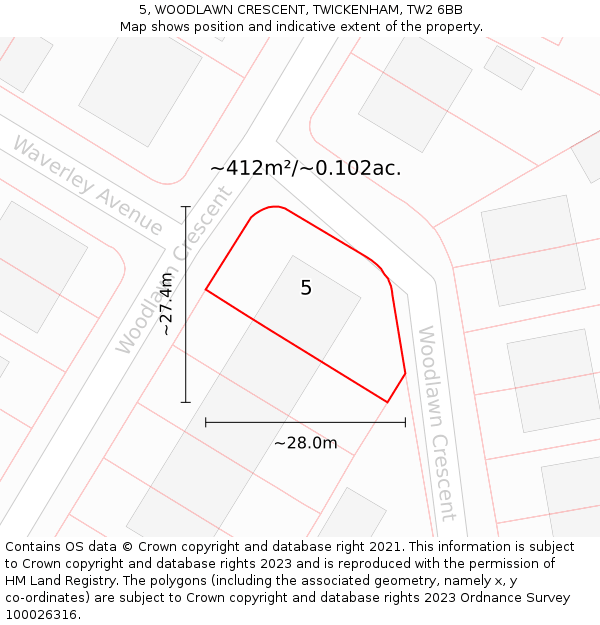 5, WOODLAWN CRESCENT, TWICKENHAM, TW2 6BB: Plot and title map