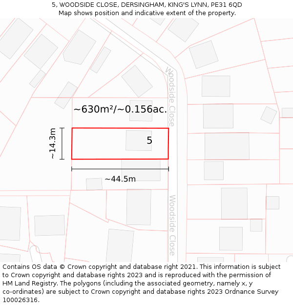 5, WOODSIDE CLOSE, DERSINGHAM, KING'S LYNN, PE31 6QD: Plot and title map