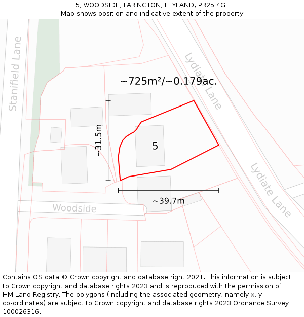 5, WOODSIDE, FARINGTON, LEYLAND, PR25 4GT: Plot and title map