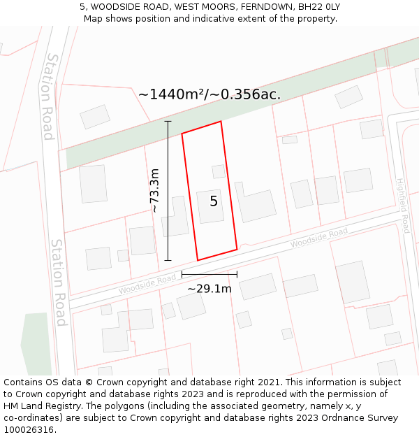 5, WOODSIDE ROAD, WEST MOORS, FERNDOWN, BH22 0LY: Plot and title map