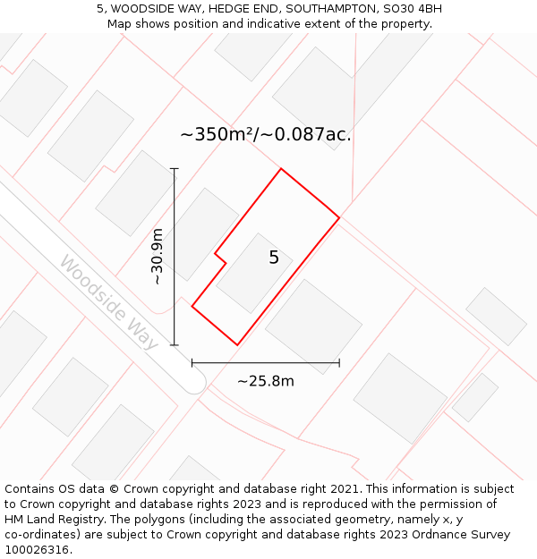 5, WOODSIDE WAY, HEDGE END, SOUTHAMPTON, SO30 4BH: Plot and title map