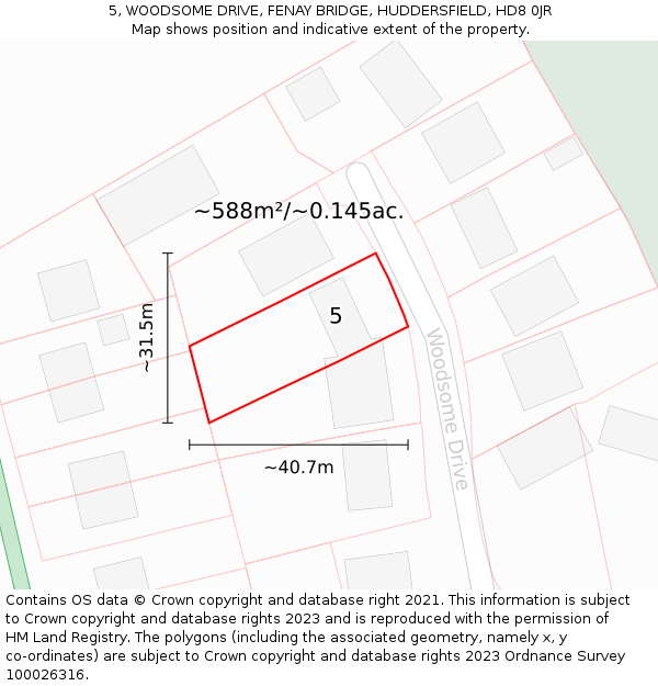 5, WOODSOME DRIVE, FENAY BRIDGE, HUDDERSFIELD, HD8 0JR: Plot and title map